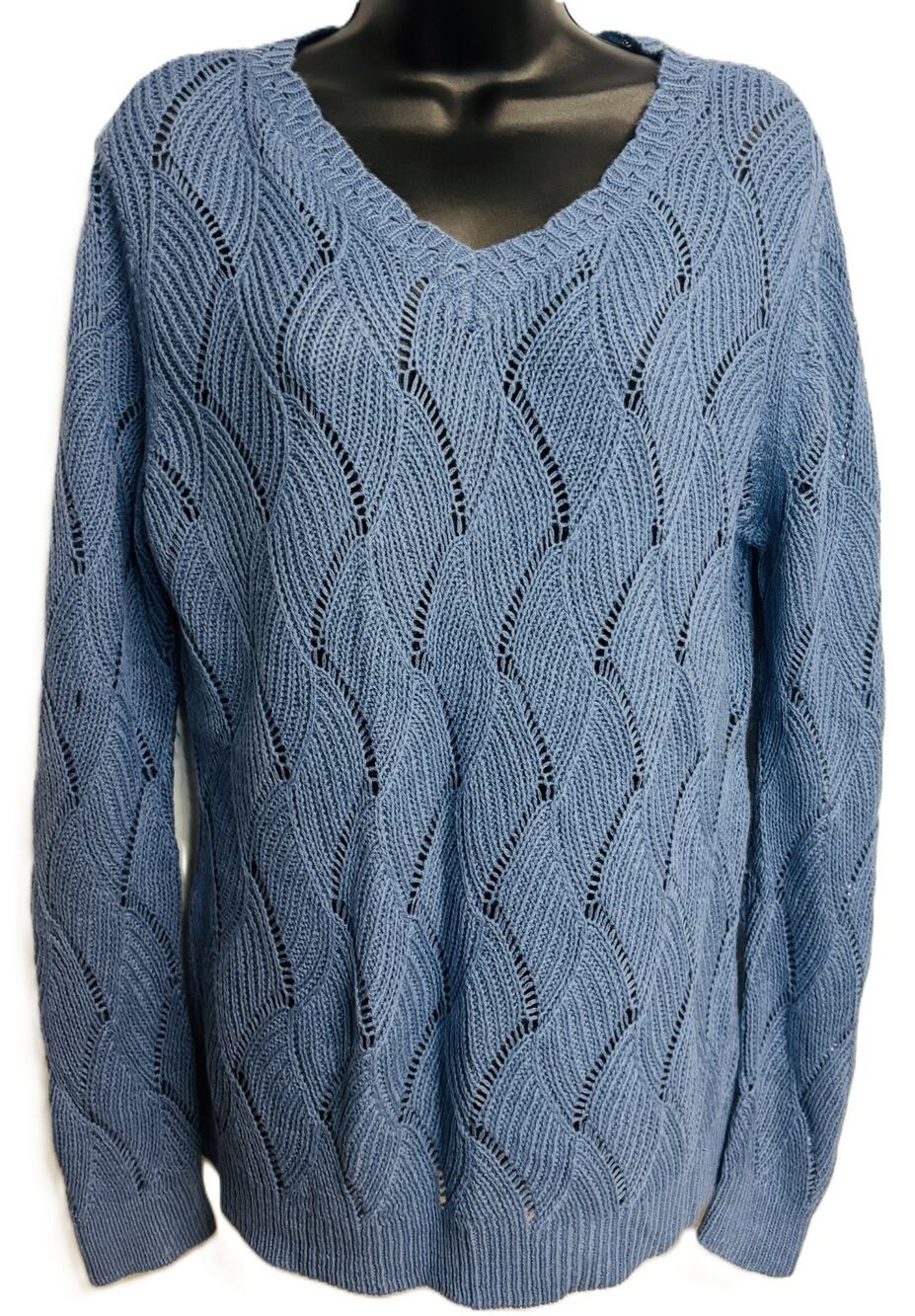 Laura Scott Large Pointelle Sweater Women's Blue Sail Heather Open Knit New